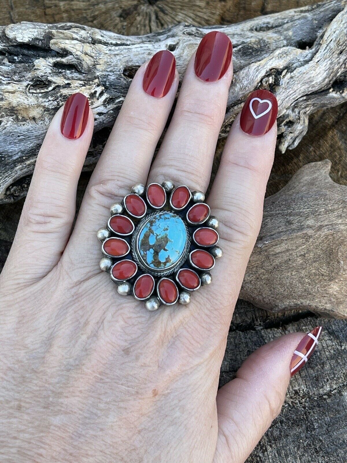 Navajo Sterling Silver Kingman Web Turquoise & Red Coral Taos Ring Sz 8