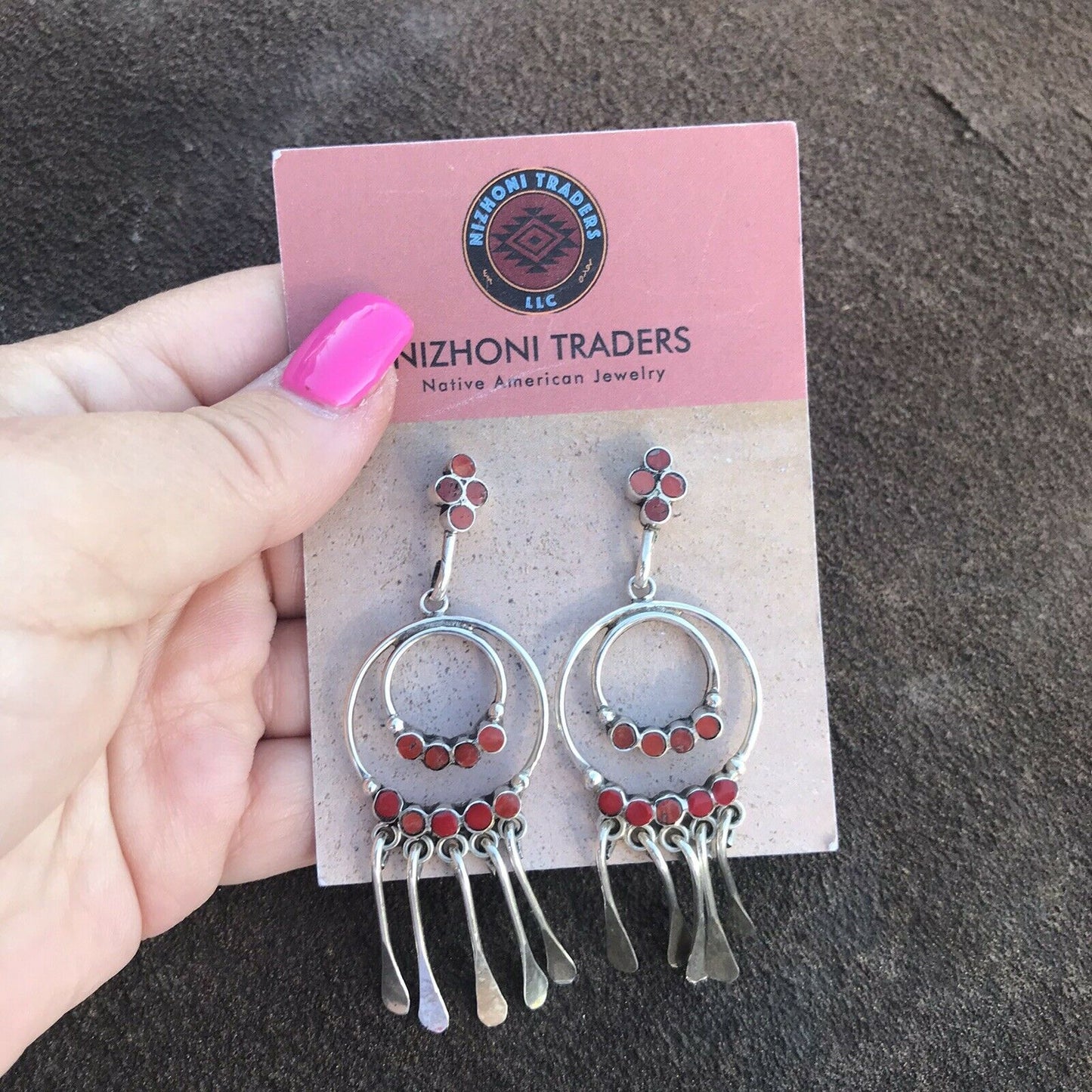 Vintage Navajo Sterling Silver Natural Red Coral Dangle Earrings