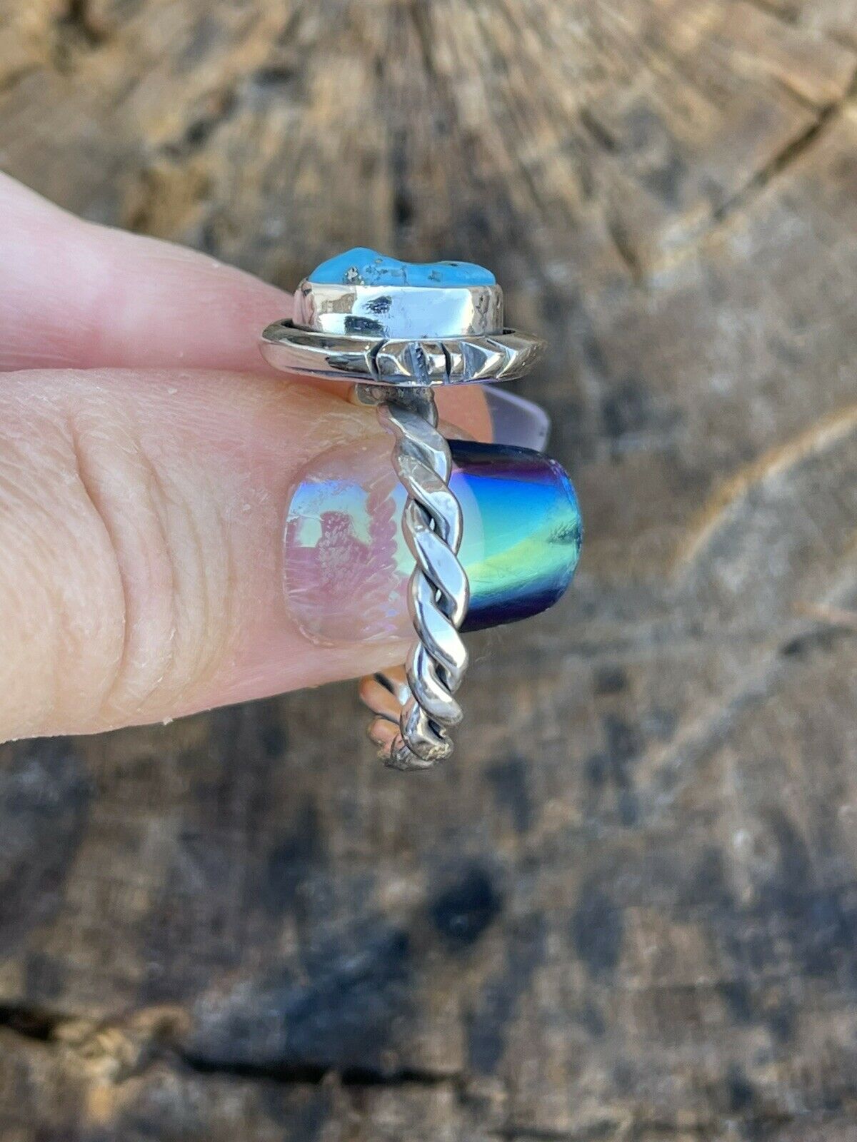 Navajo Sterling Silver Kingman Turquoise Rope Ring