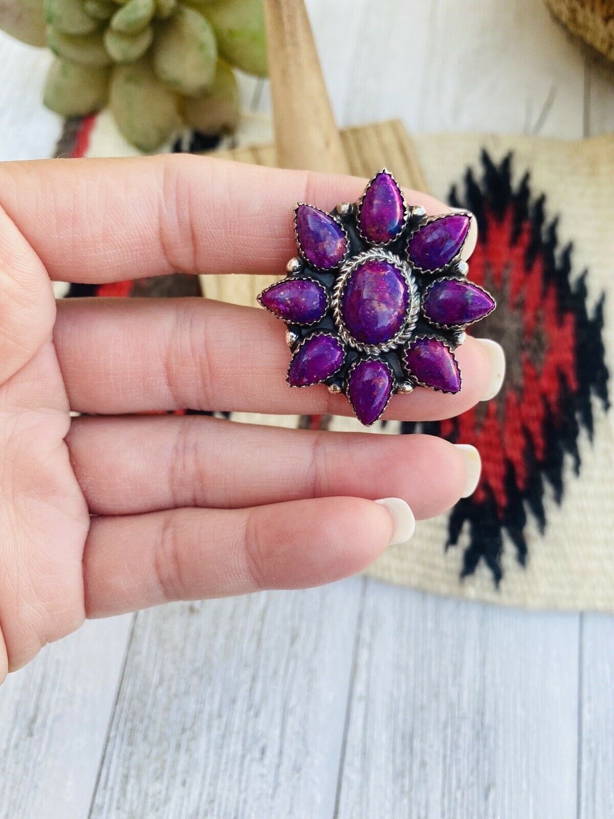 Navajo Sterling Silver & Purple Kingman Turquoise Cluster Ring