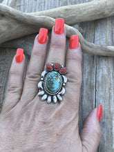 Load image into Gallery viewer, Navajo Sterling Kingman Web Turquoise &amp; Red Coral Taos Collection Ring Sz 6.5