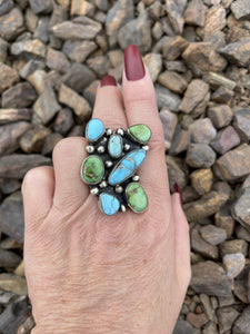 Navajo Sterling Sonoran Gold And Golden Hills Turquoise Cluster Ring Size 6.5