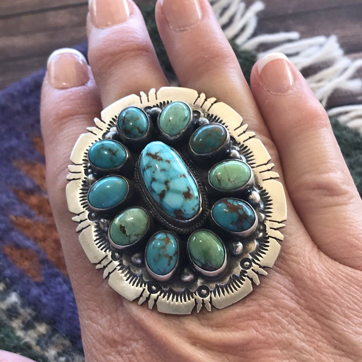 Navajo Cluster Multi Turquoise &  Sterling Silver Ring Size 6.5