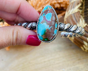 Navajo Hand Stamped Sterling Silver & Royston Turquoise Cuff Bracelet