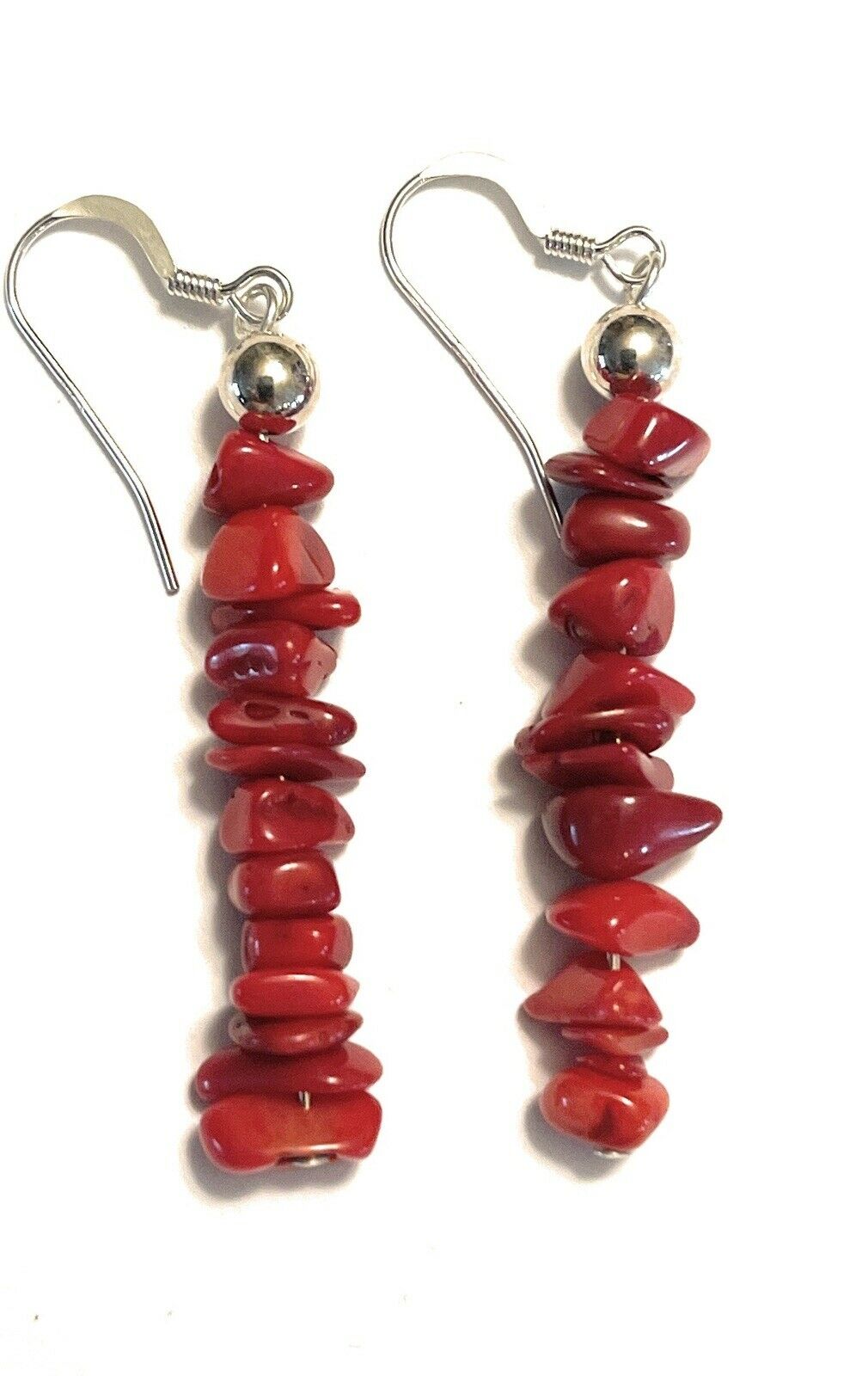 Navajo Sterling Silver Apple Coral Chip Dangle Earrings