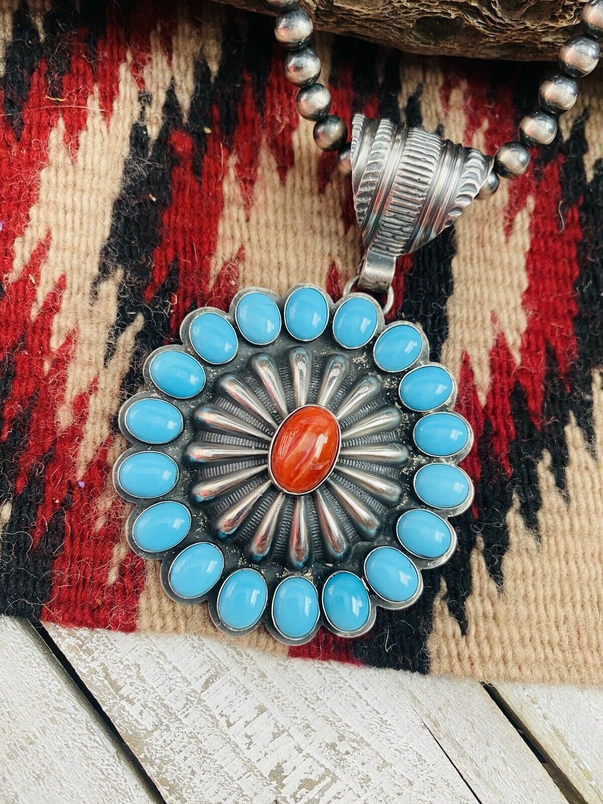 Navajo Sterling Silver, Turquoise & Red Spiny Pendant Signed