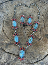 Load image into Gallery viewer, Navajo Sterling Kingman Turquoise Natural Red Coral Necklace Set Taos Collection