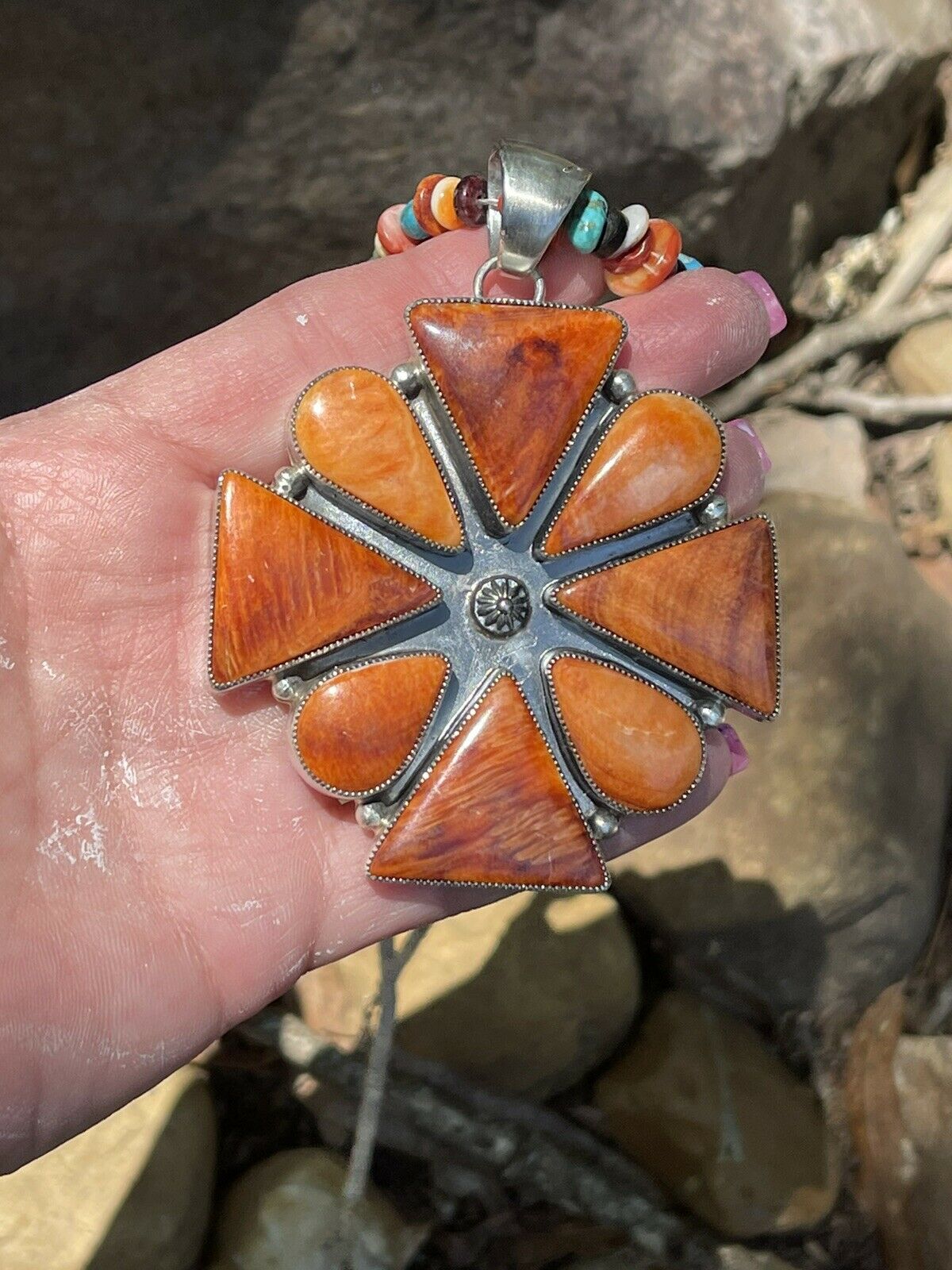 Navajo Sterling Silver Orange Spiny  Jumbo Cluster Pendant