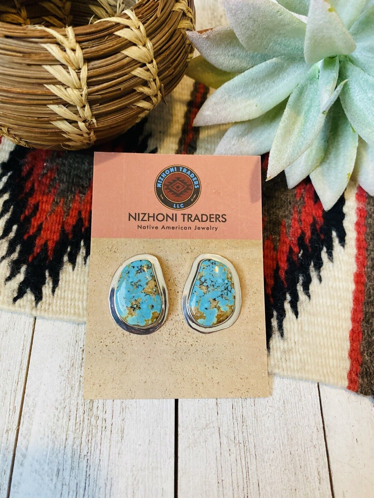Navajo Royston Turquoise & Sterling Silver Post Earrings Signed