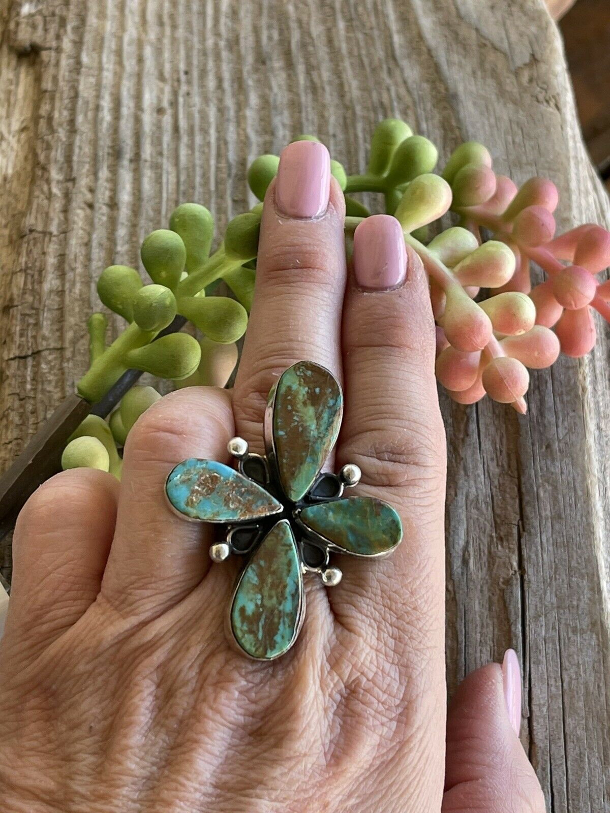 Sterling Silver & Royston Turquoise Petal Ring Size 8. Signed