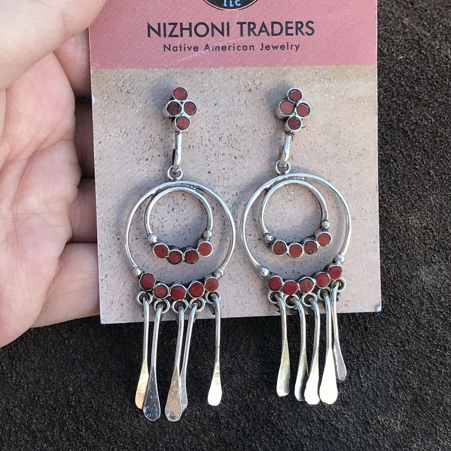 Vintage Navajo Sterling Silver Natural Red Coral Dangle Earrings