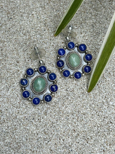 Navajo Sterling Silver Lapis & Turquoise Stone Cluster Dangle Earrings B. Lee
