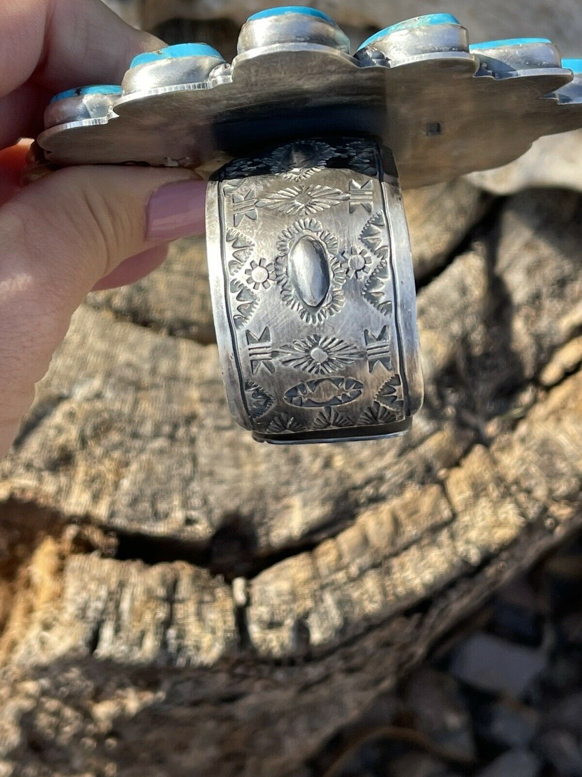 Gorgeous Navajo Sterling Silver Coin & Kingman Turquoise Bracelet Cuff