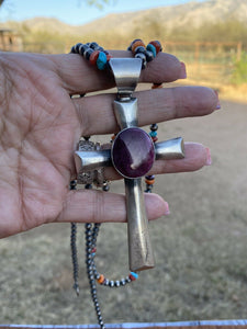 Navajo Sterling Silver & Purple Spiny Shell  Cross Pendant Chimney Butte