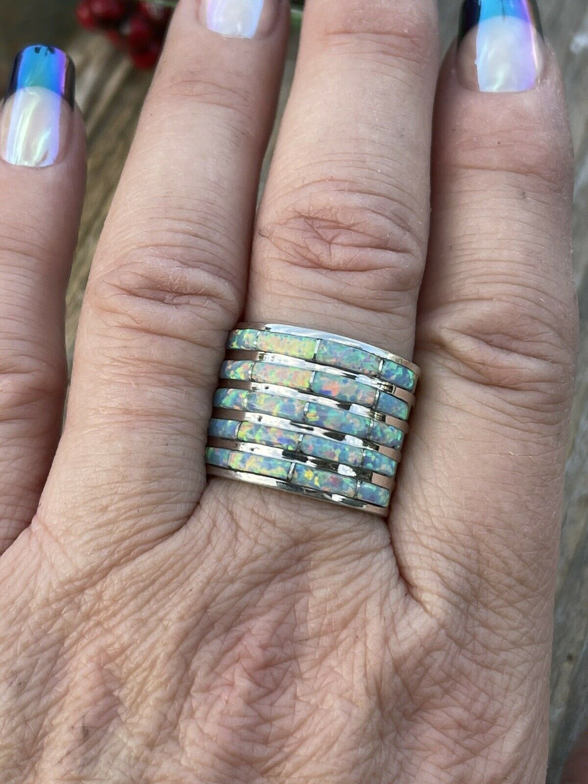 Navajo Sterling Silver Iridescent Opal Stacked Ring