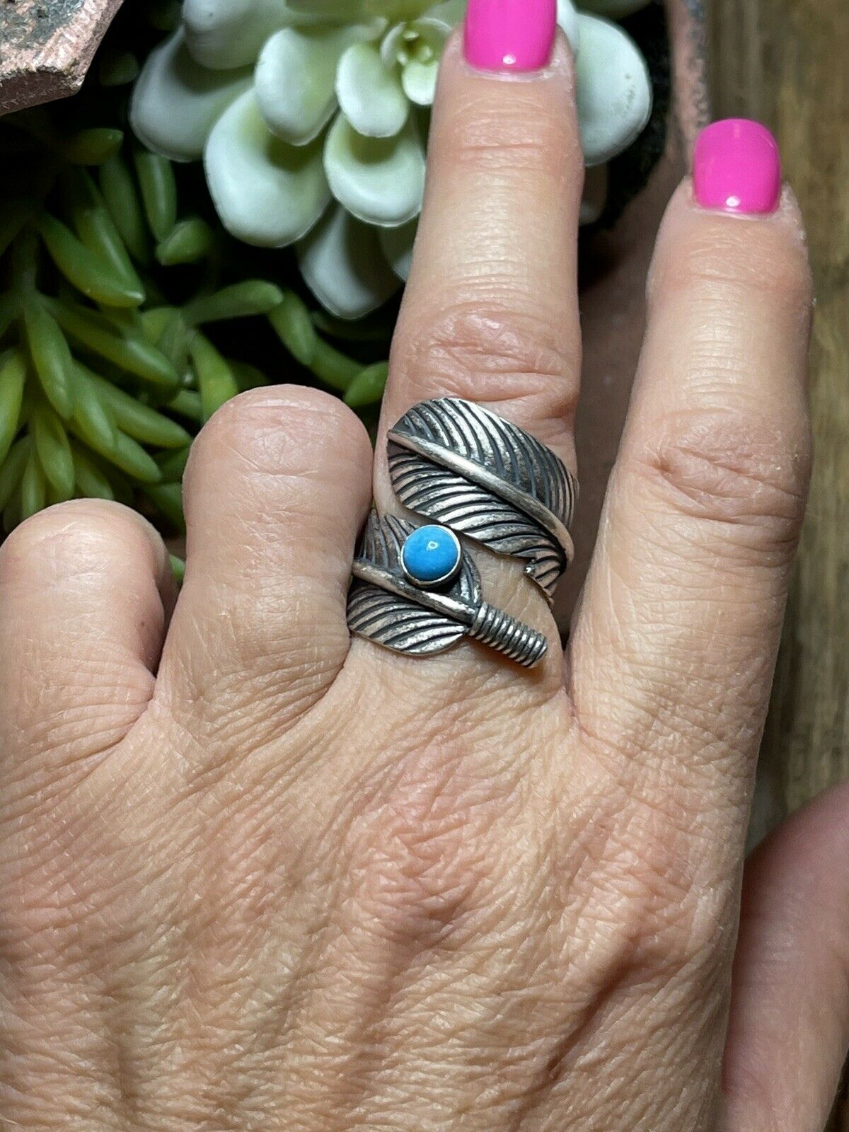 Navajo Sterling Silver & Turquoise Single Feather Adjustable Ring