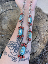 Load image into Gallery viewer, Navajo Sterling Kingman Turquoise Natural Red Coral Necklace Set Taos Collection