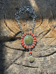 Navajo Tibetan Turquoise & Spiny Sterling Drop Cluster Necklace Signed