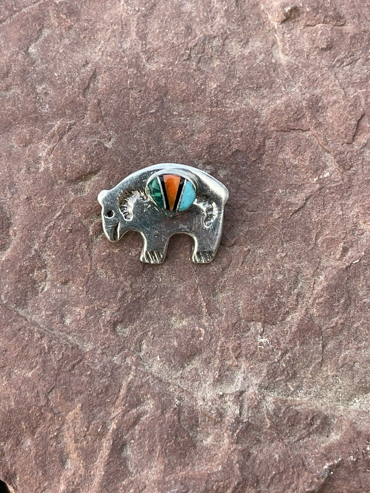 Navajo Sterling Silver Multi Stone Buffalo Pendant Pin Signed