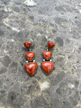 Load image into Gallery viewer, Beautiful Navajo Sterling Silver Apple Coral Triple Triangle Dangle Earrings