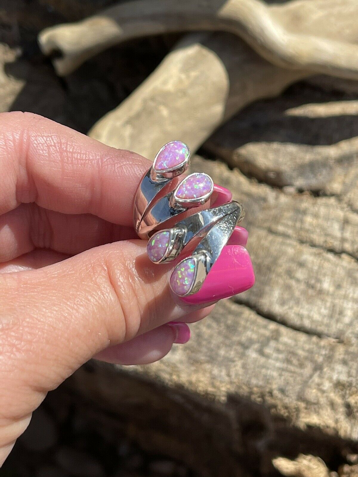 Navajo Sterling Silver Pink/ Purple Opal Adjustable 4 Stone Ring