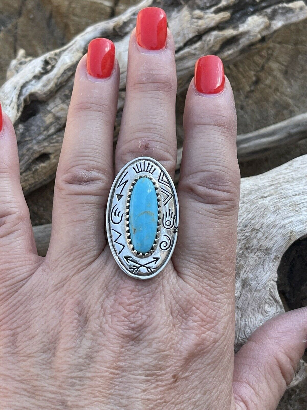 Navajo Sterling Silver Turquoise Southwest Stamped Oval Ring Sz 8.5