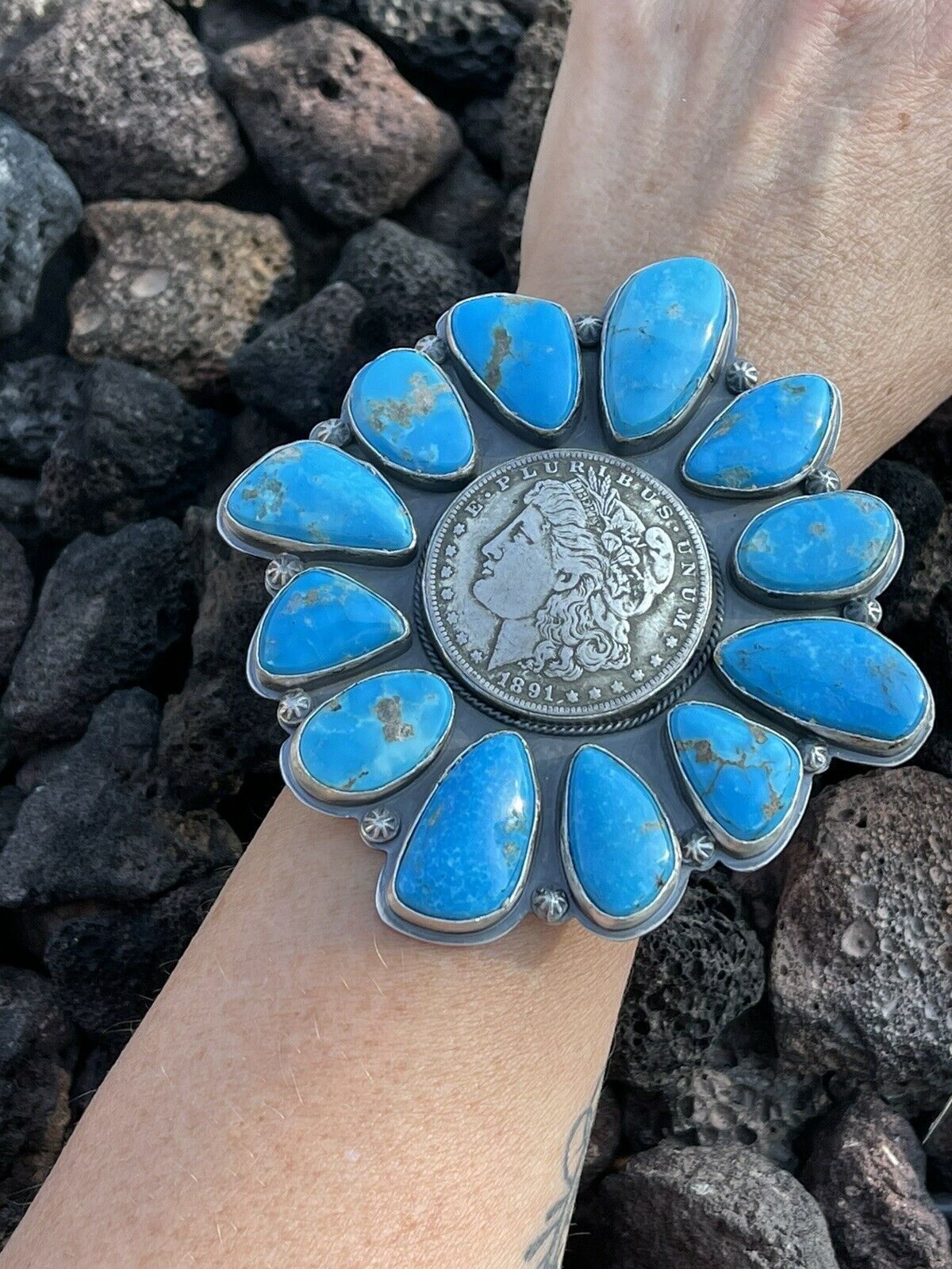 Gorgeous Navajo Sterling Silver Coin & Kingman Turquoise Bracelet Cuff