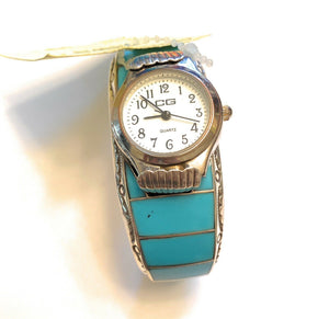 Vintage Navajo Turquoise & Sterling Silver Inlay Watch Cuff Signed