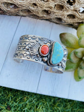 Load image into Gallery viewer, Vintage Navajo Turquoise, Coral &amp; Sterling Silver Cuff Bracelet By Sheila Tso