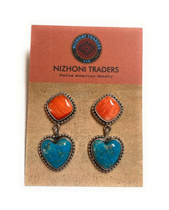 Navajo Sterling Silver, Orange Spiny & Turquoise Heart Dangle Earrings