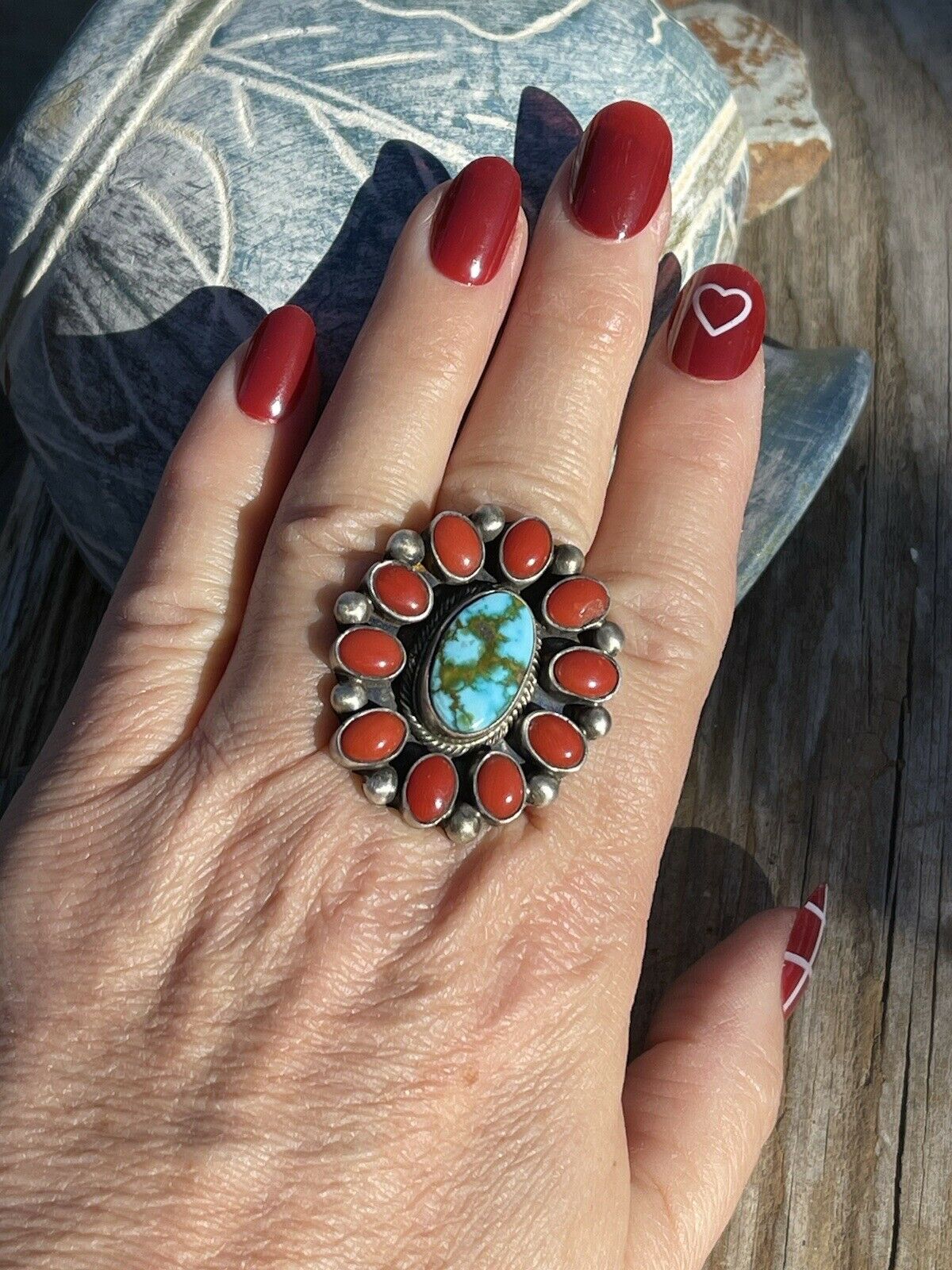 Navajo Sterling Silver Kingman Web Turquoise & Red Coral Taos Ring Sz 7