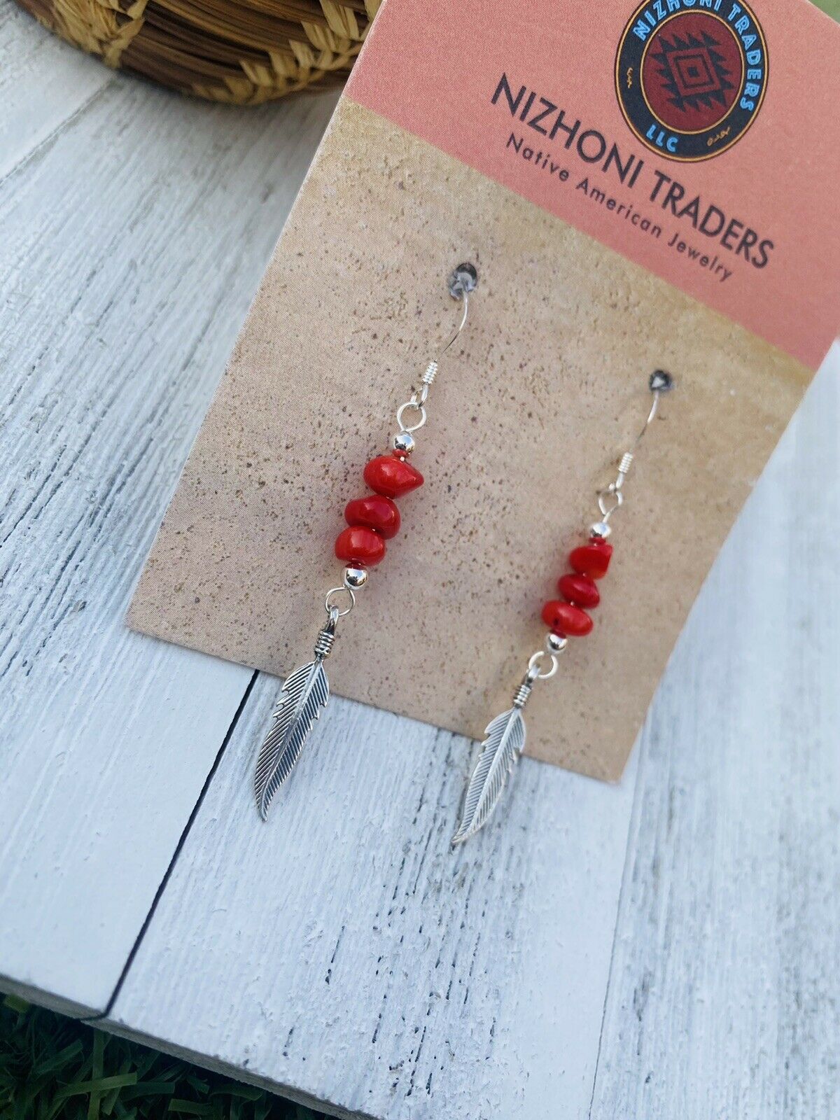 Navajo Coral & Sterling Silver Feather Dangle Earrings