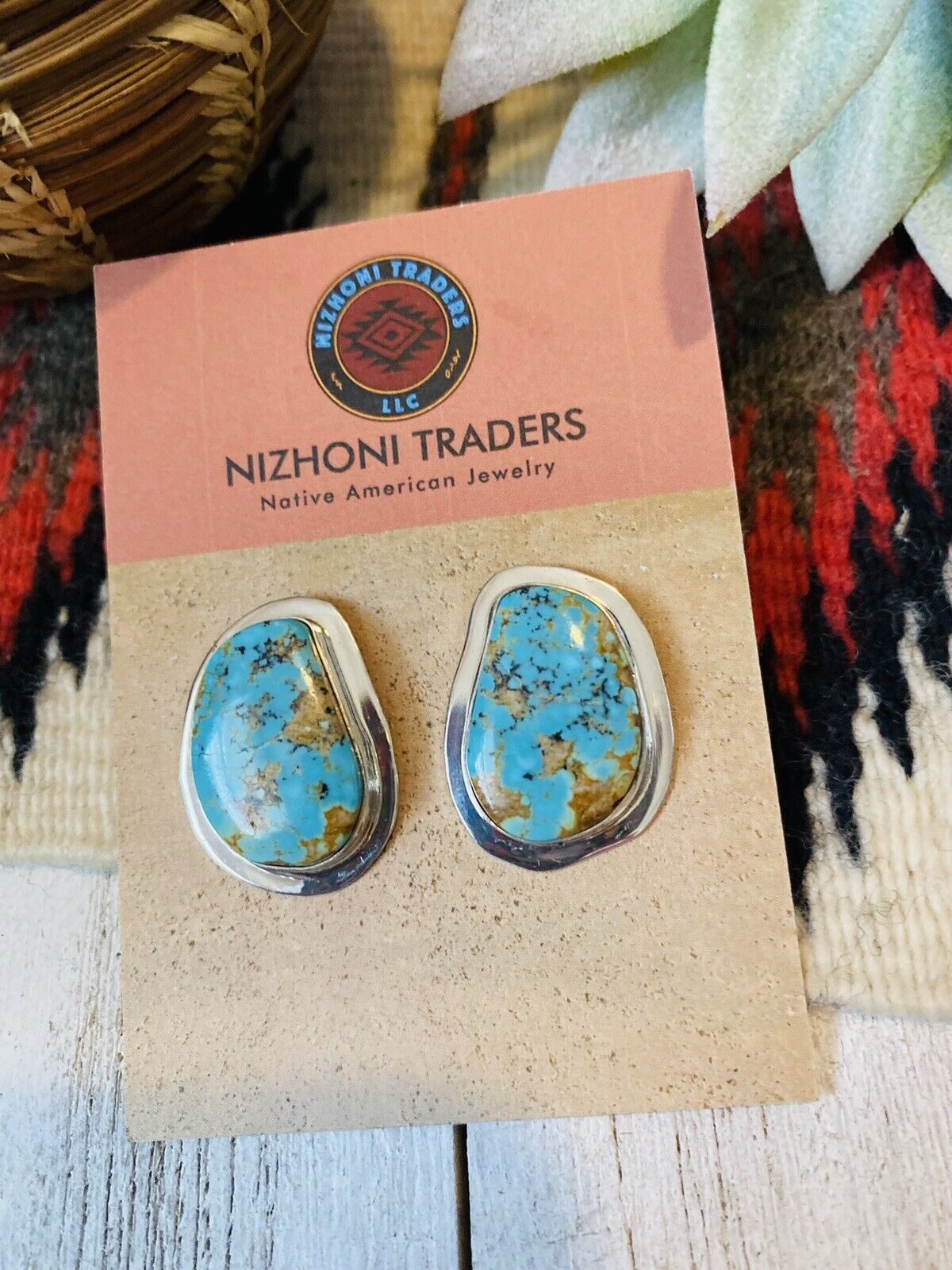 Navajo Royston Turquoise & Sterling Silver Post Earrings Signed