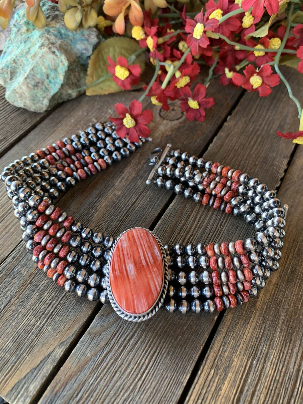 Navajo Sterling Silver & Natural Spiny Pearl Beaded Choker Necklace