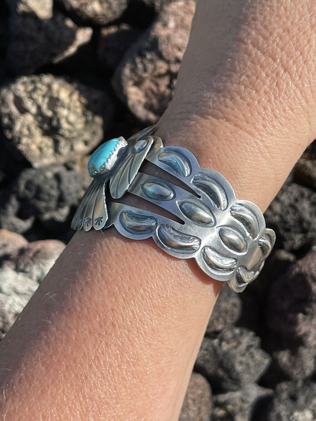 Sterling Silver Navajo Stamped Turquoise Thunderbird Cuff