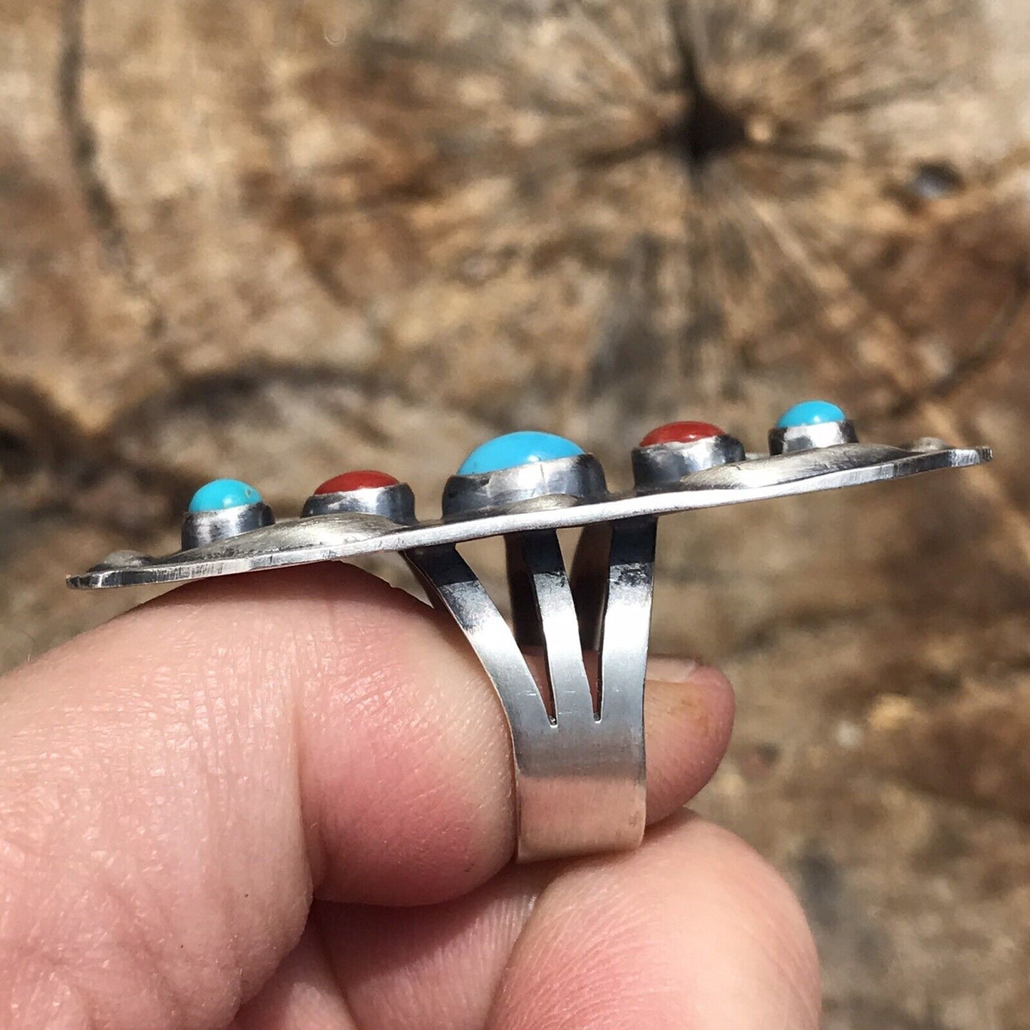 Navajo Sterling Silver Turquoise Coral 5 Stone Ring