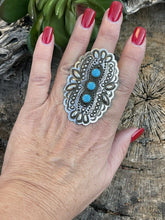 Load image into Gallery viewer, Navajo 3 Stone Turquoise &amp; Sterling Silver Concho Ring Adjustable Signed L.Tahe