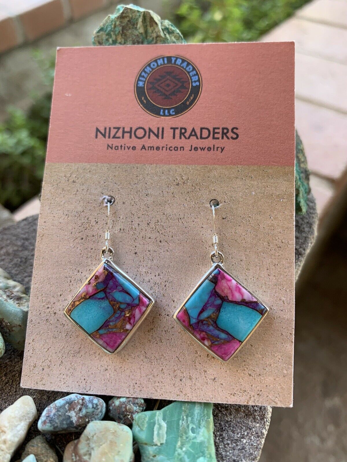 Navajo Pink Dream Mohave & Sterling Square Delight Dangle Earrings