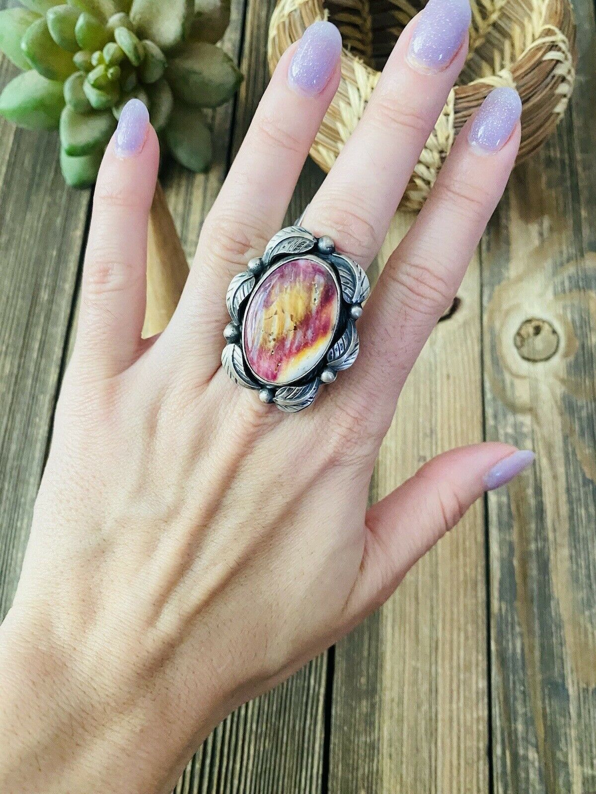 Beautiful Purple Spiny & Sterling Silver Navajo Ring Size 6 By Betta Lee