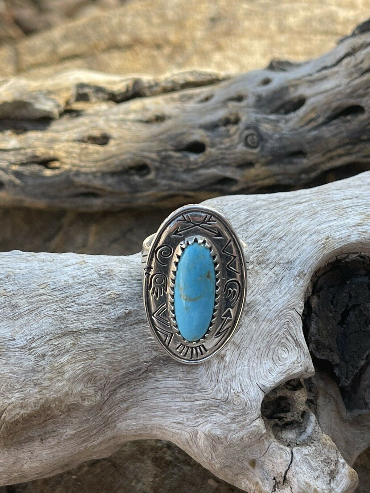 Navajo Sterling Silver Turquoise Southwest Stamped Oval Ring Sz 8.5