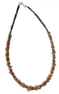 Navajo Turquoise, Heishi and Coral Beaded 16 Inch Necklace