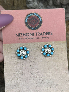 Navajo Sterling Silver And Turquoise Cluster Stud Earrings