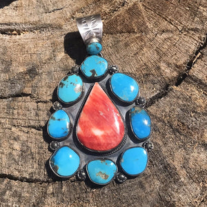 Navajo Sterling Silver Spiny Oyster And Kingman Turquoise Pendant