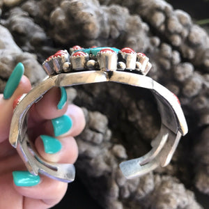 Navajo  Sterling Statement Kingman Turquoise & Natural Red Coral Bracelet Cuff