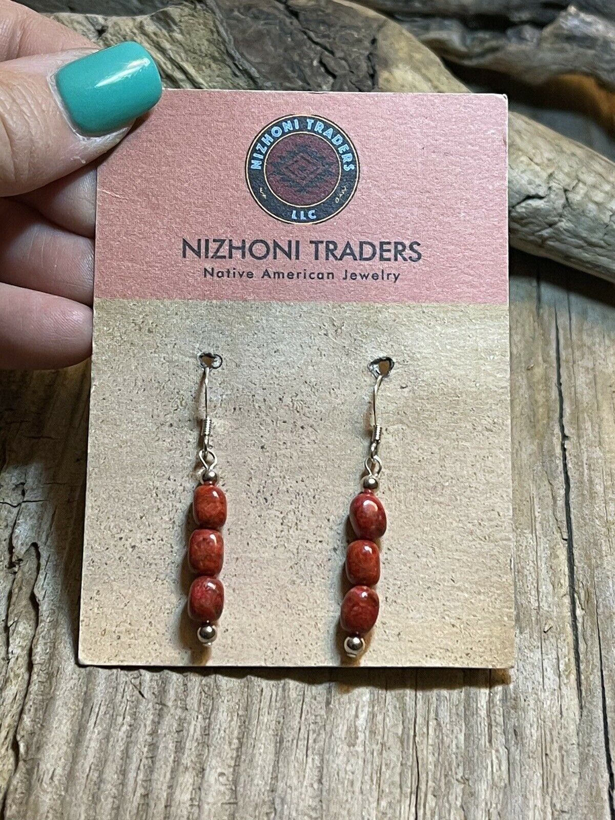 Navajo Sterling Silver 3 Stone Apple Coral Dangle Earrings