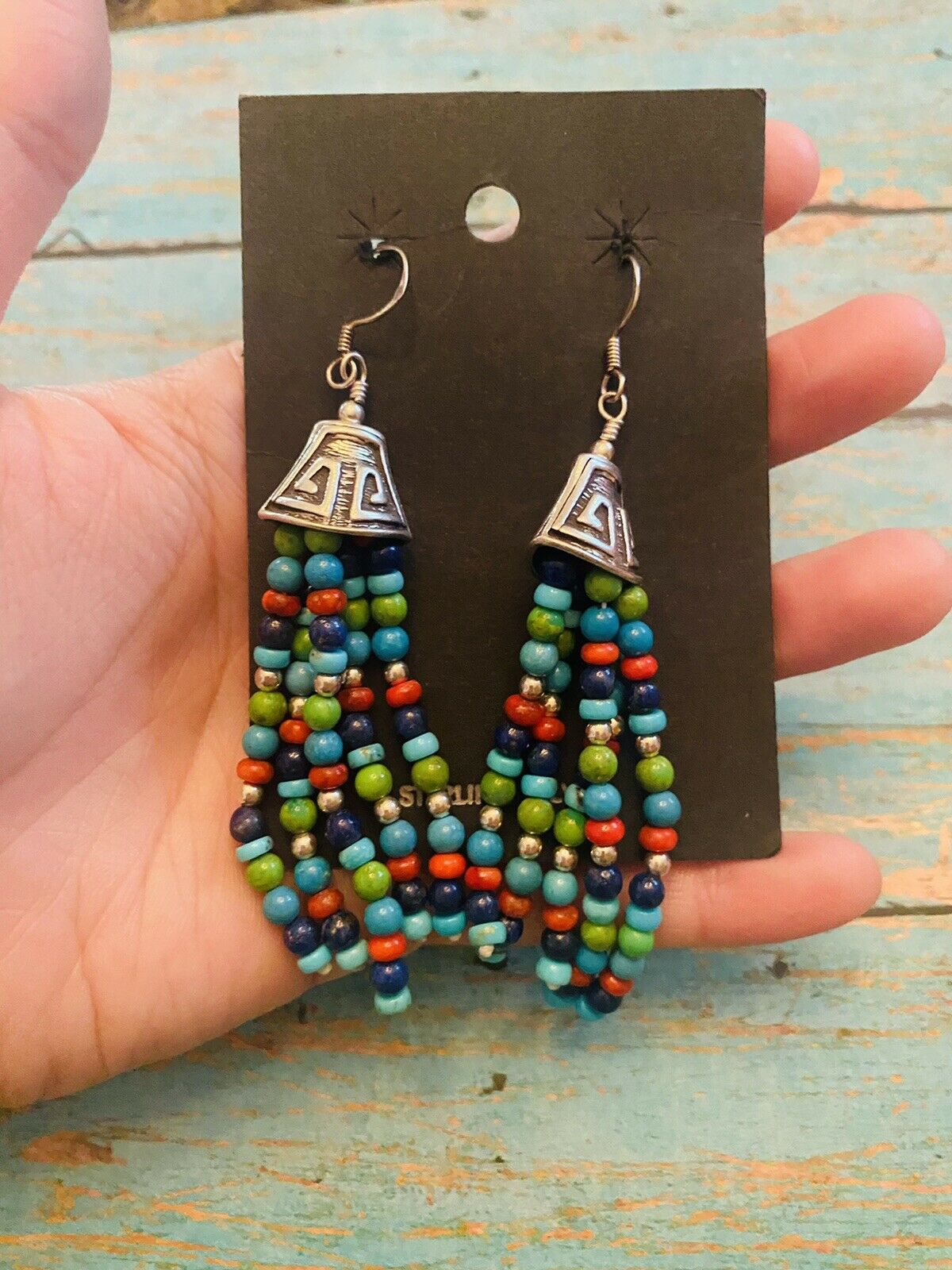 Navajo Sterling Silver Multi Stone Beaded Dangle Tassel Earrings