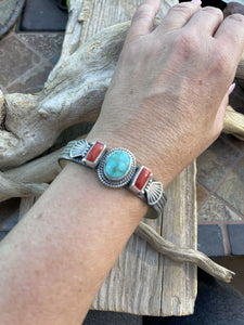Navajo Sterling Silver Red Coral & Turquoise Bracelet Signed M & R Calladitto