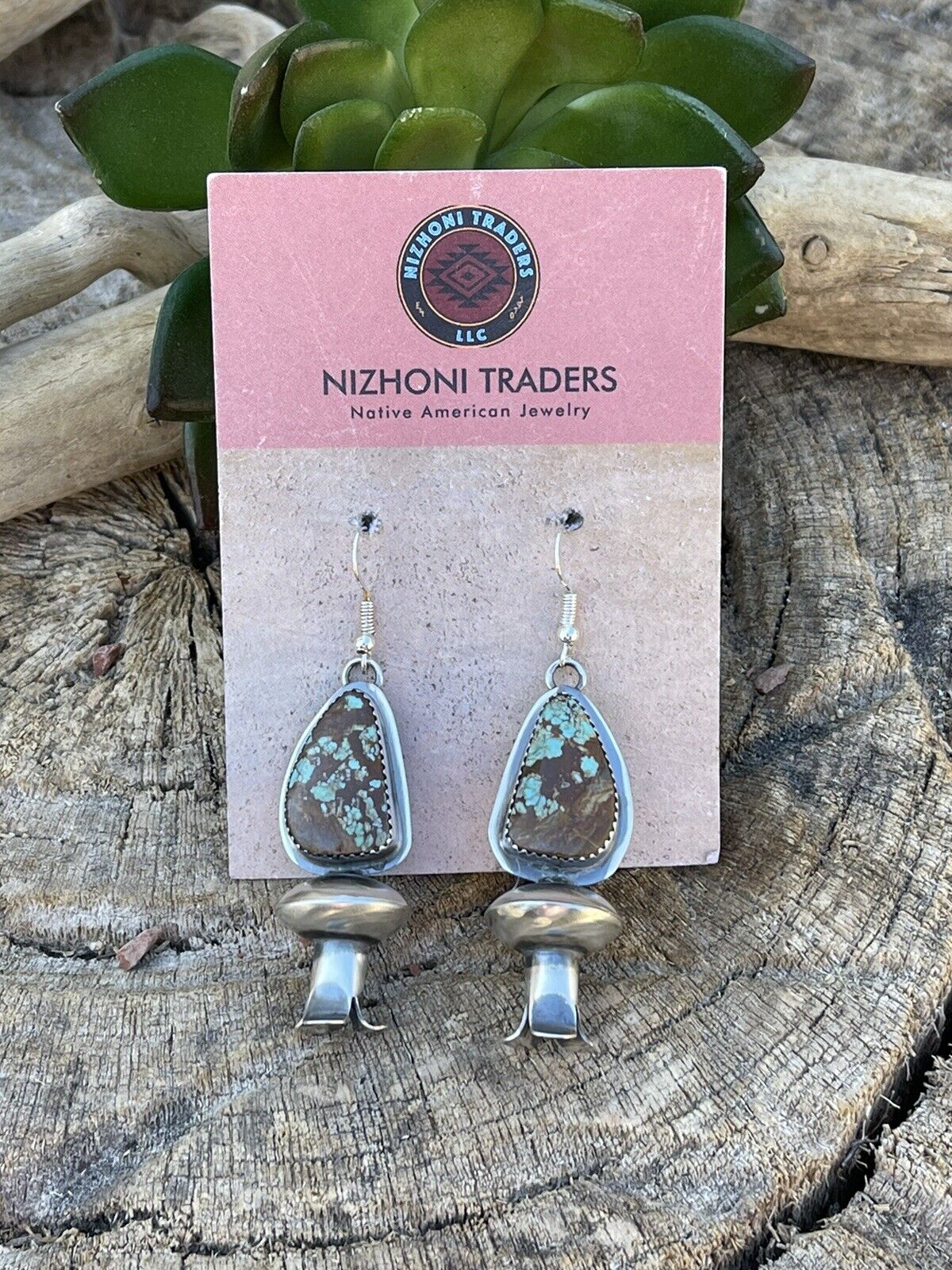 Gorgeous Navajo Sterling Silver Number 8 Turquoise Blossom Dangle Earrings