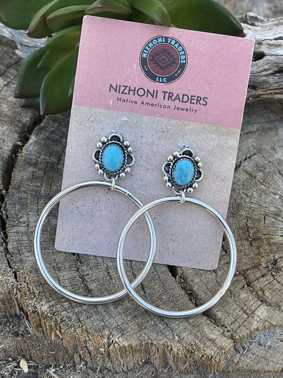 Navajo Turquoise & Sterling Silver Dangle Hoop Earrings