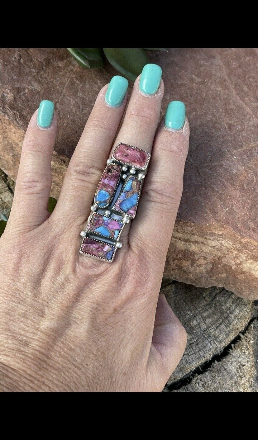 Navajo Pink Dream Mohave & Sterling Silver 5 Stone Ring